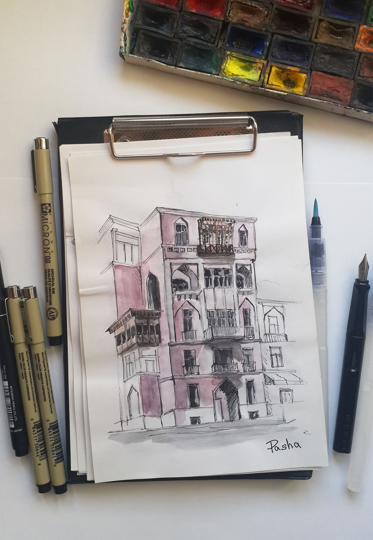 Baku Azerbaijan Architecture Urban Sketch Watercolor Fountain Pen Architecture Drawing Drawings Watercolor