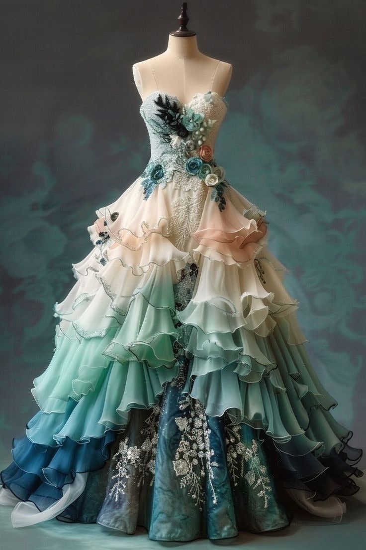 Vintage Ombre A-line Sweetheart Chiffon Long Ball Gown Embroidered Applique Sweet Floral Formal Dress ED01373 - Custom Color / US 6