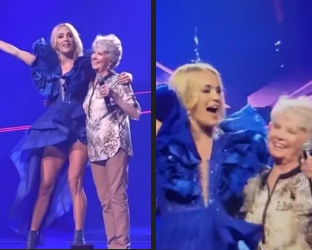 two pictures of women singing on stage and one has her arms out in the air