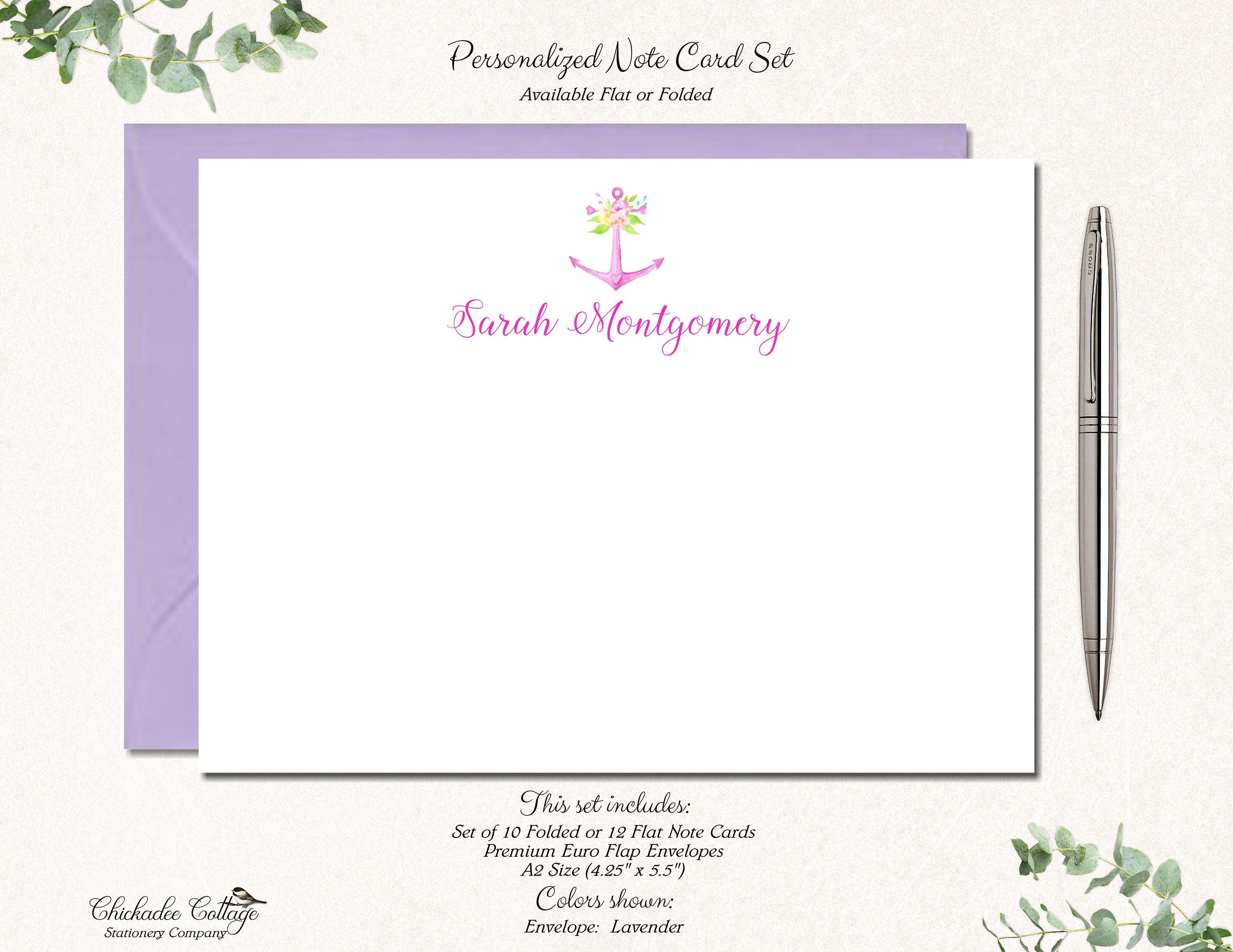 Elegant Personalized Note Cards Set of 12 Cards with White Envelopes