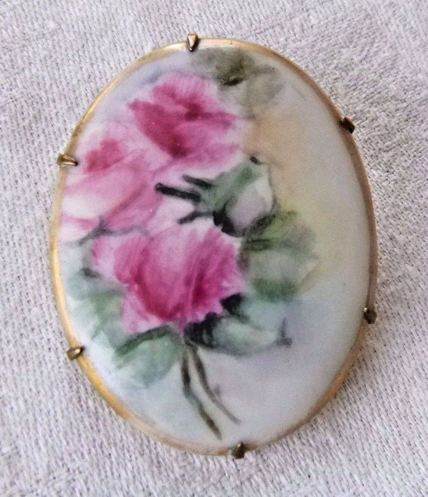Antique Victorian Small Hand Painted China Blue Flower Brooch Pin