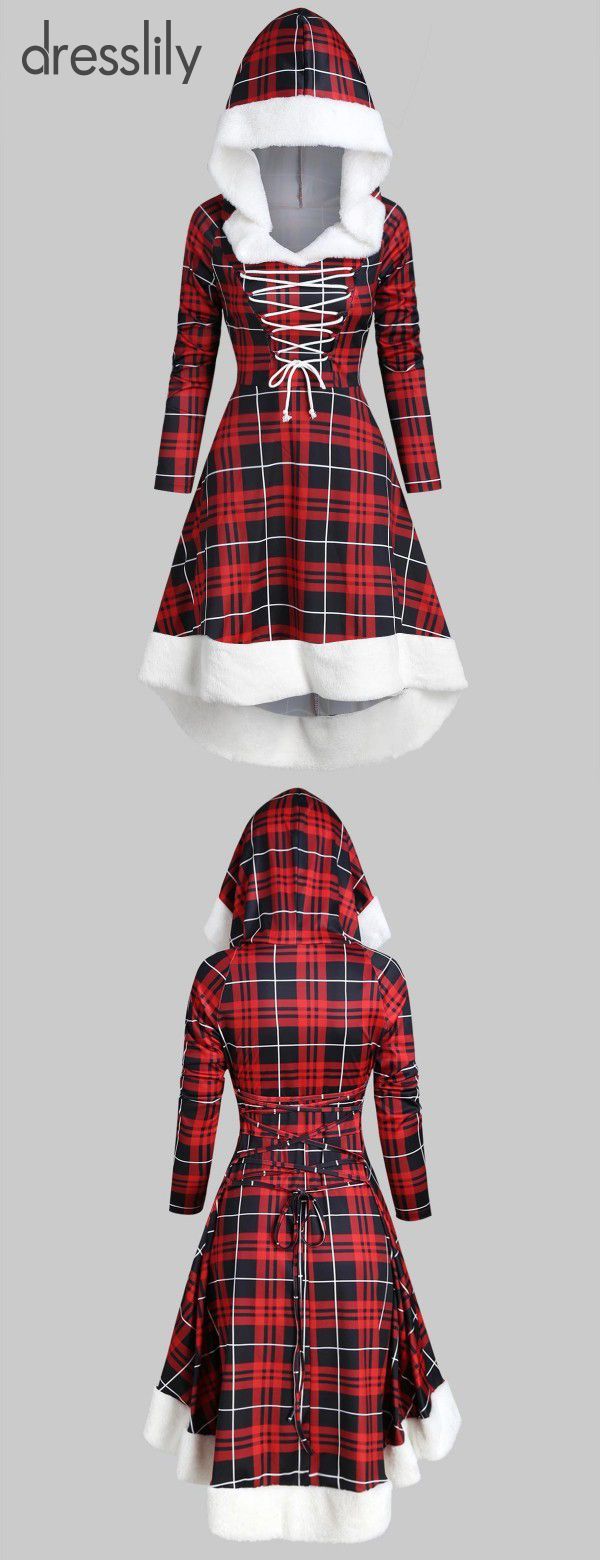 $24.99 Plaid Faux Fur Insert Hooded Lace Up High Low Dress #modefürfrauen Women...
