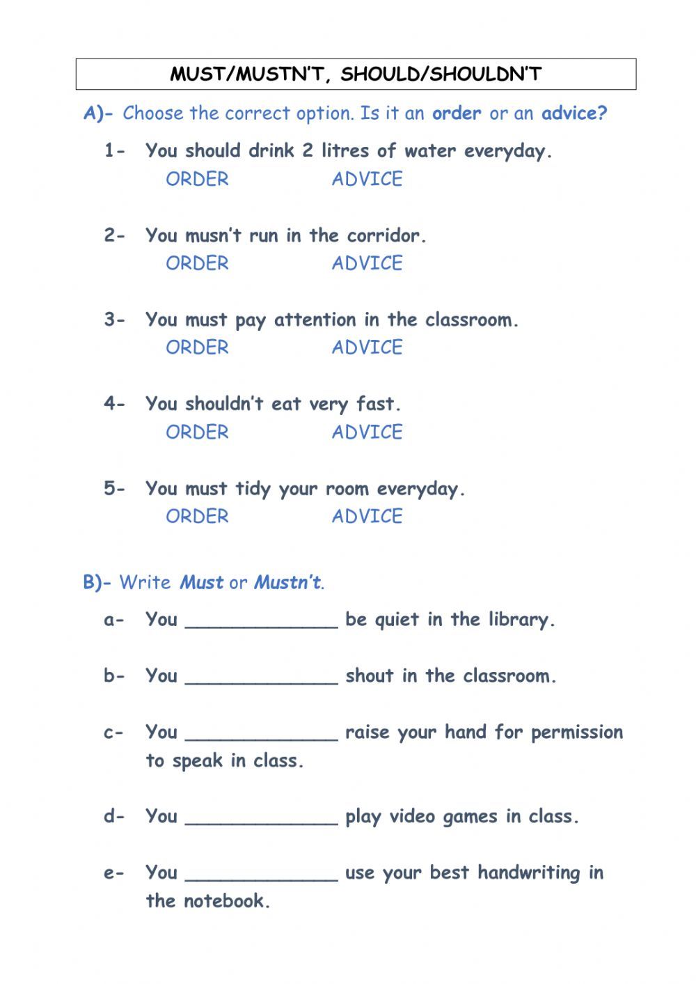 Must & should interactive worksheet