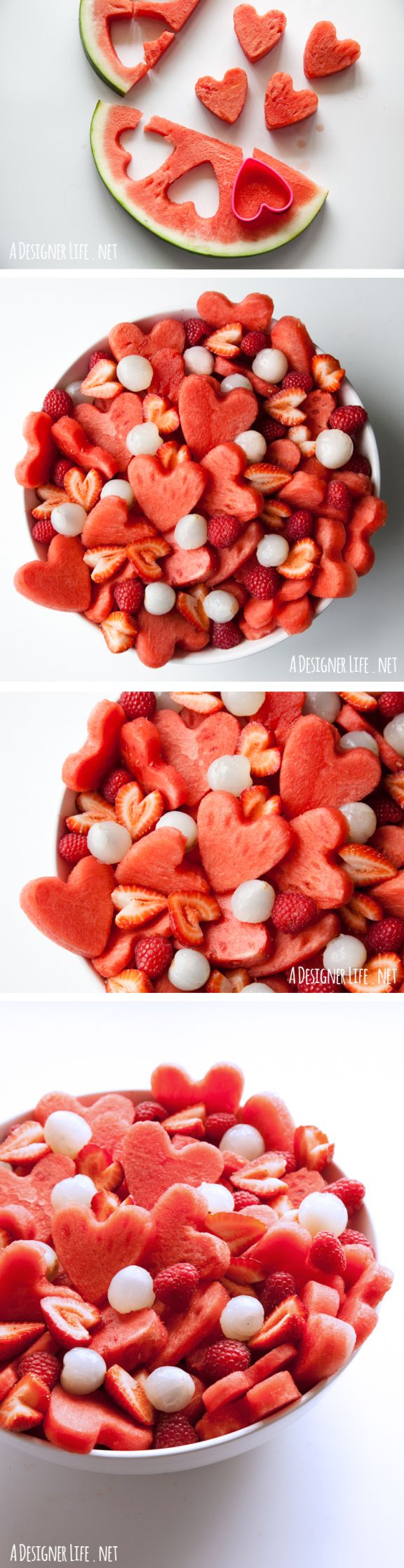 Watermelon heart fruit salad for Valentine's Day - made with a heart-shaped cookie cutter! Good Food, Yummy Food, Delicious Recipes, Easy Recipes, Melon Recipes, Kids Recipes, Sweet Recipes, Healthy Recipes, Valentines Day Food