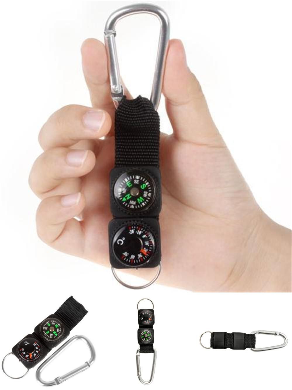 Multifunction Camping Mini Carabiner w//Keychain Compass Thermometer Key 3 in 1