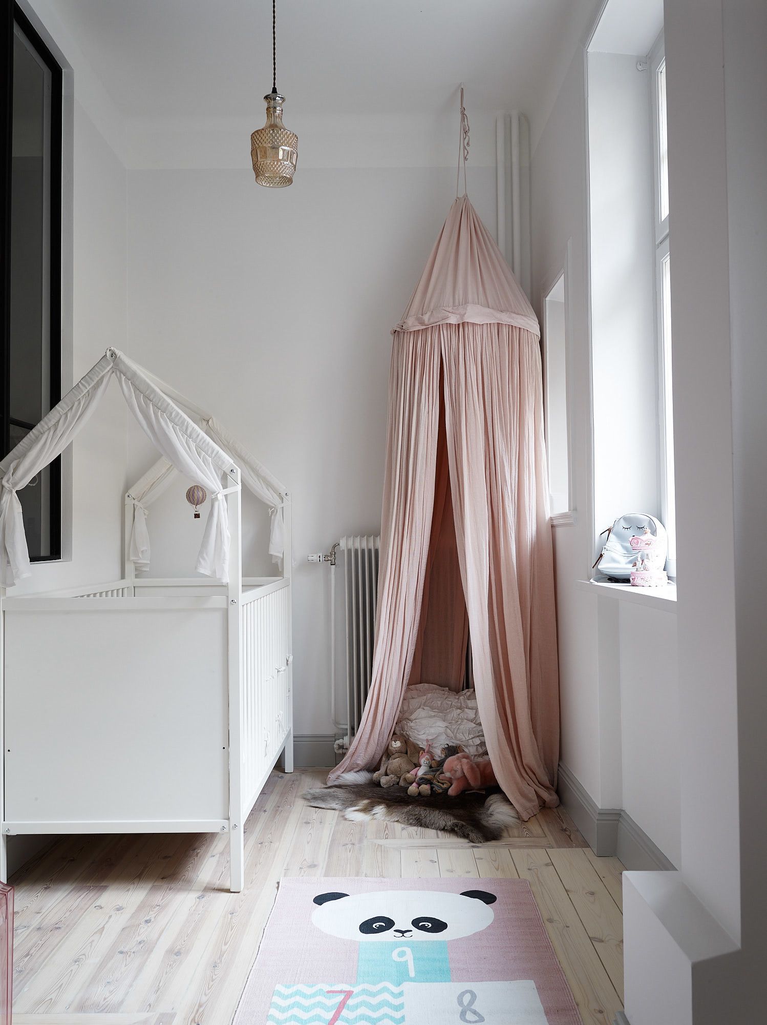 Adorable White Little Girls Room With Panda Rug, Pink Canopy, Adorable White Little Girls Room With Panda Rug, Pink Canopy,