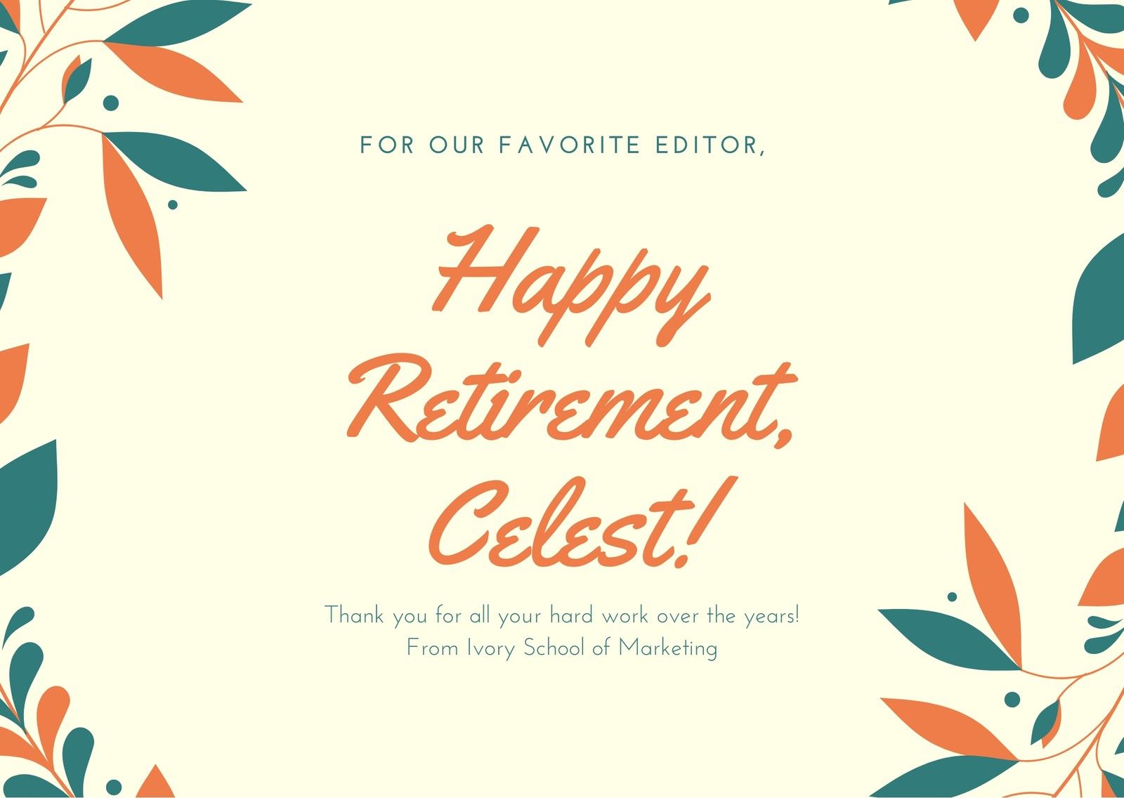 Orange Dark Teal Illustrated Wreath Retirement Card For Retirement Card Template Business Prof Happy Retirement Cards Retirement Cards Funny Retirement Cards