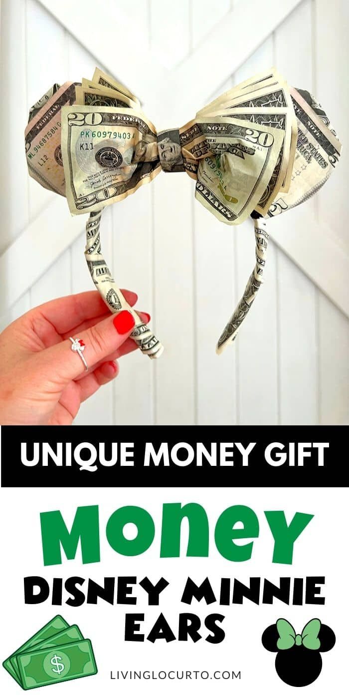 DIY Money Disney Minnie Ears are creative money gift ideas for a birthday, graduation or Christmas! This unique way to give cash as a gift is sure to please any Disney fan! Forget the traditional Minnie ears and create your own Disney mouse ears from cash. This craft is similar to a money origami gift, but much easier to make! Minnie Ears Diy, Minnie Mouse Gifts, Mickey Mouse, Disney Ears, Disney Birthday Card, Birthday Money Gifts, Disneyland Birthday, Origami Gifts, Money Origami