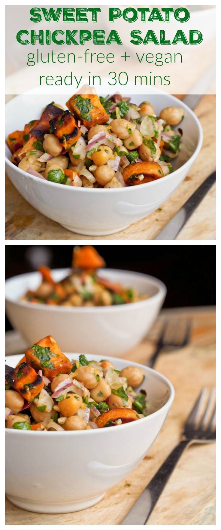 This vegan + gluten free sweet potato and chickpea salad recipe is ready in 30 mins and bursting with flavor from the parsley, lemons, red onions and medley of spices. Perfect for a healthy weeknight meal in line with those clean eating New Year's Resolutions Chickpea Salad Recipes, Vegan Salad, Vegetarian Recipes, Healthy Recipes, Vegetarian Dinner, Free Recipes, Vegetarian Salad, Vegetarian Cookbook, Vegan Lunch