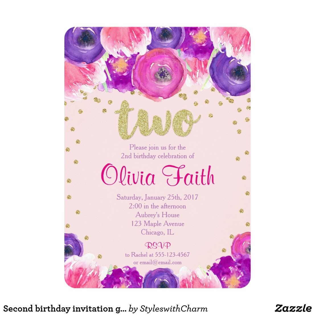 second birthday invitation girl pink purple gold happy birthday birthday invitations for girl