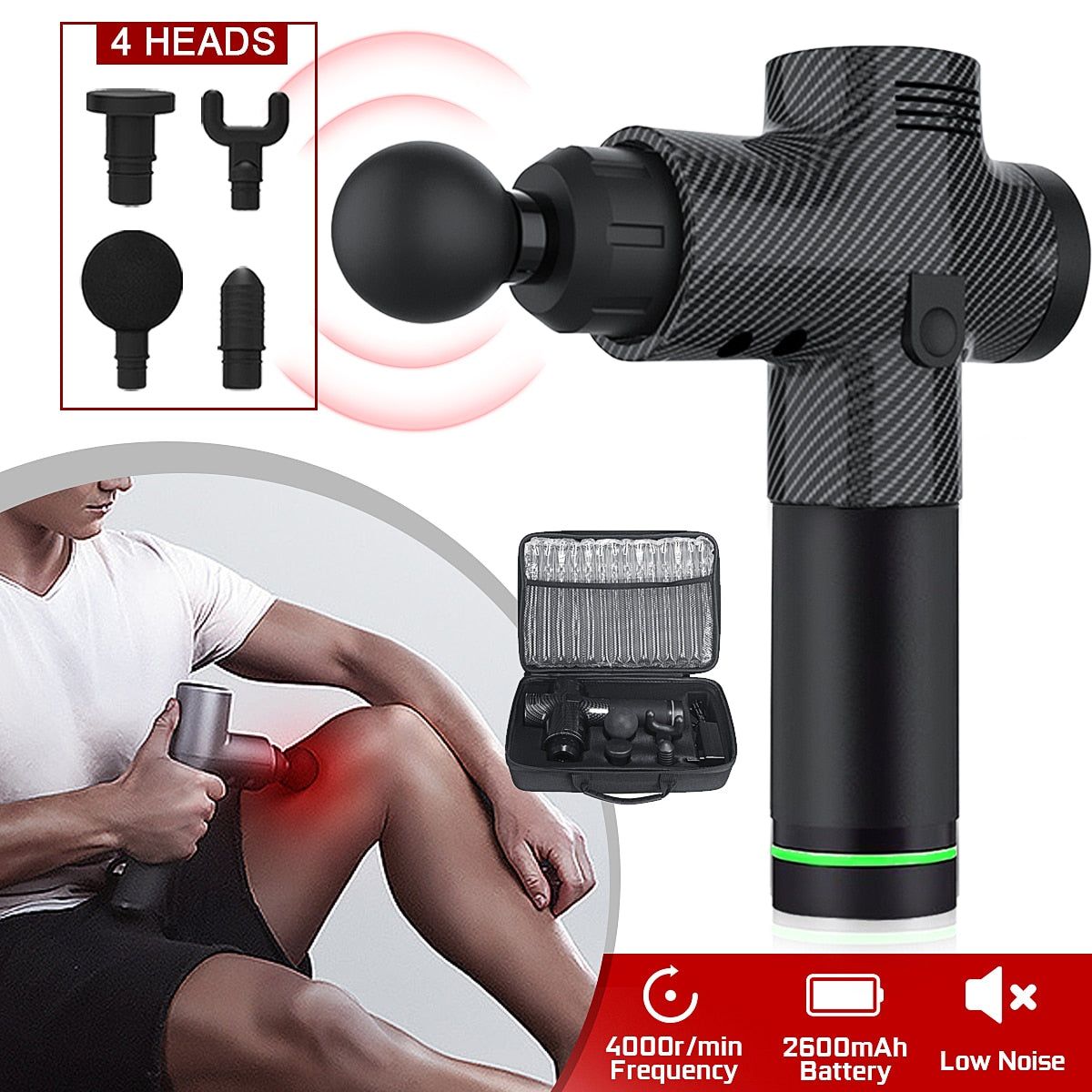 4000r/min Therapy Massage Guns 3 Gears Muscle Massager Pain Sport Massage Machine Relax Body Slimming Relief 4 Heads With Bag Electric Percussive Massager Percussion Massage Guns Hand Held Therapy Device For Relaxing Shock Vibration Deep MusclesElectric Massage GunsColor: Black/Silver/Carbon FiberStroke: 12 mm4000r/min FrequencyRated Input: AC 100~240V 50/60Hzendurances Time: 6 HoursNumber Of Massage Heads: 4Battery Capacity: 2600 mAhBattery Rated Voltage: DC 16.8VSize: 170 x 240 mmbenefits:Redu Deep Massage, Massage Tips, Deep Tissue Massage, Foot Massage, Freckle Remover, Percussion Therapy, Soreness Relief, Inflammation Causes, Massage Machine