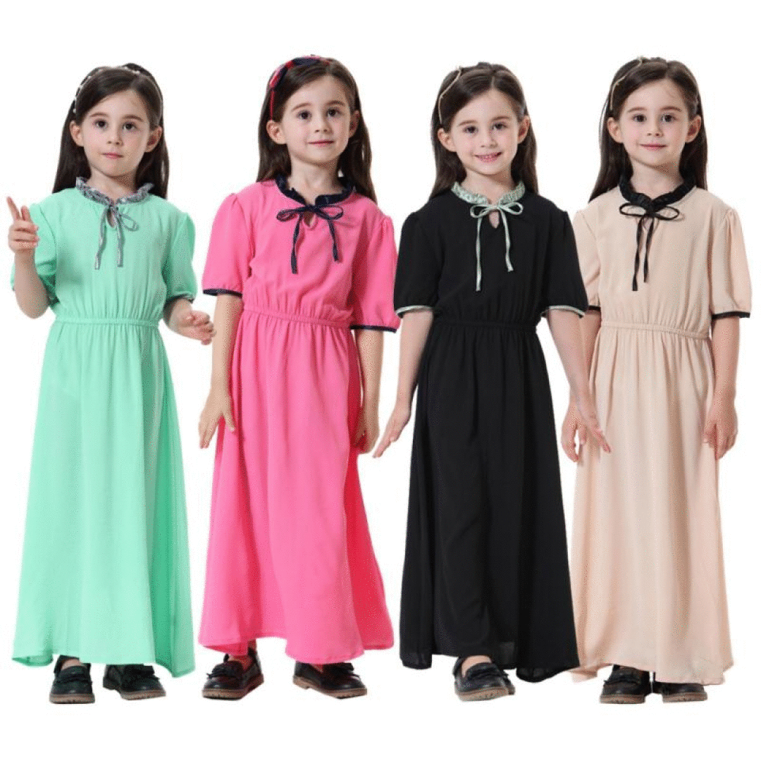 Muslim Kaftan Abaya Islamic Girls Kids Dress Hijab Long Sleeve Dubai Maxi Dress