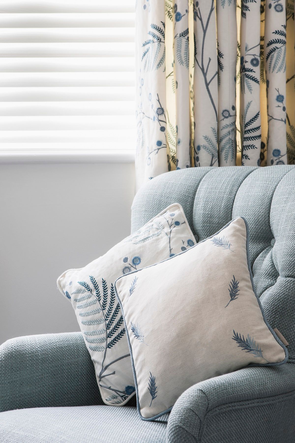 Matching Curtains And Cushions Made For Our Client S Guest Bedroom During A Whole House Renovation The Blue Floral Emb White Room Decor Room Design Blue Decor