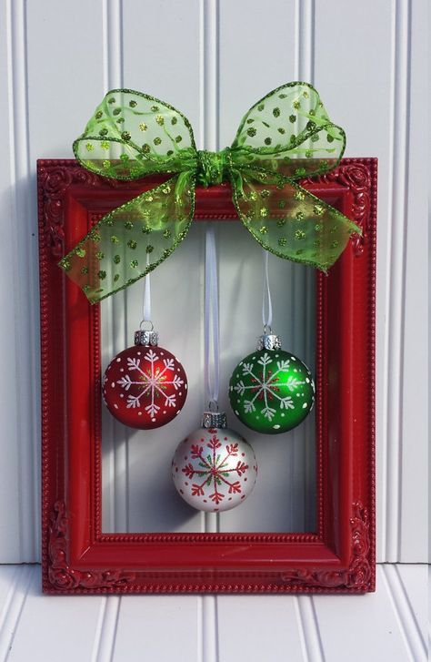 Christmas Frame Wreath....these are the BEST DIY Christmas Decorating & Craft Ideas! Dollar Tree Christmas Decor, Homemade Christmas Decorations, Holiday Crafts Christmas, Christmas Projects Diy, Easy Christmas Diy, Diy Christmas Ornaments, Xmas Crafts, White Christmas, Diy Christmas Wall Decor