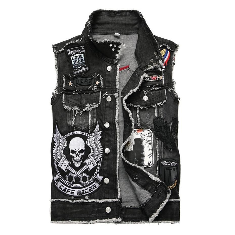 Denim Vests Mens Sleeveless Jean Jacket Destroyed Slim Fit Waistcoat Punk Rock Style Vest Jacket