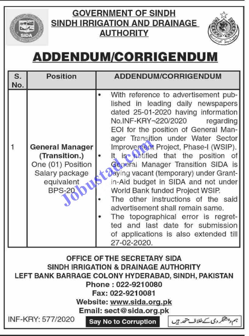 Sindh Irrigation And Drainage Authority Jobs February 2020 In 2020