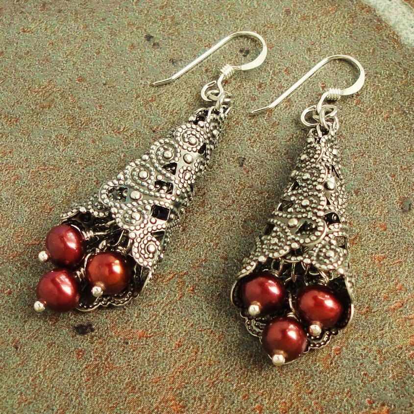 Cranberry Red Pearl Earrings Sterling Silver Earwires Handmade Cranberry Red Pearl Earrings Sterling Silver Earwires Handmade Jewelry