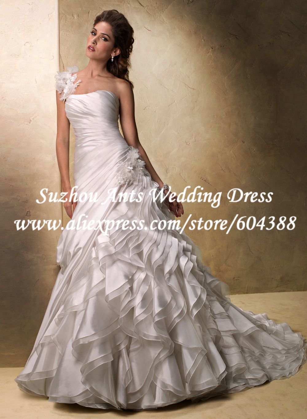 Free Shipping Elegant Pleat Low Back Flower Ruffles A line Wedding Free Shipping Elegant Pleat Low Back Flower Ruffles A line Wedding