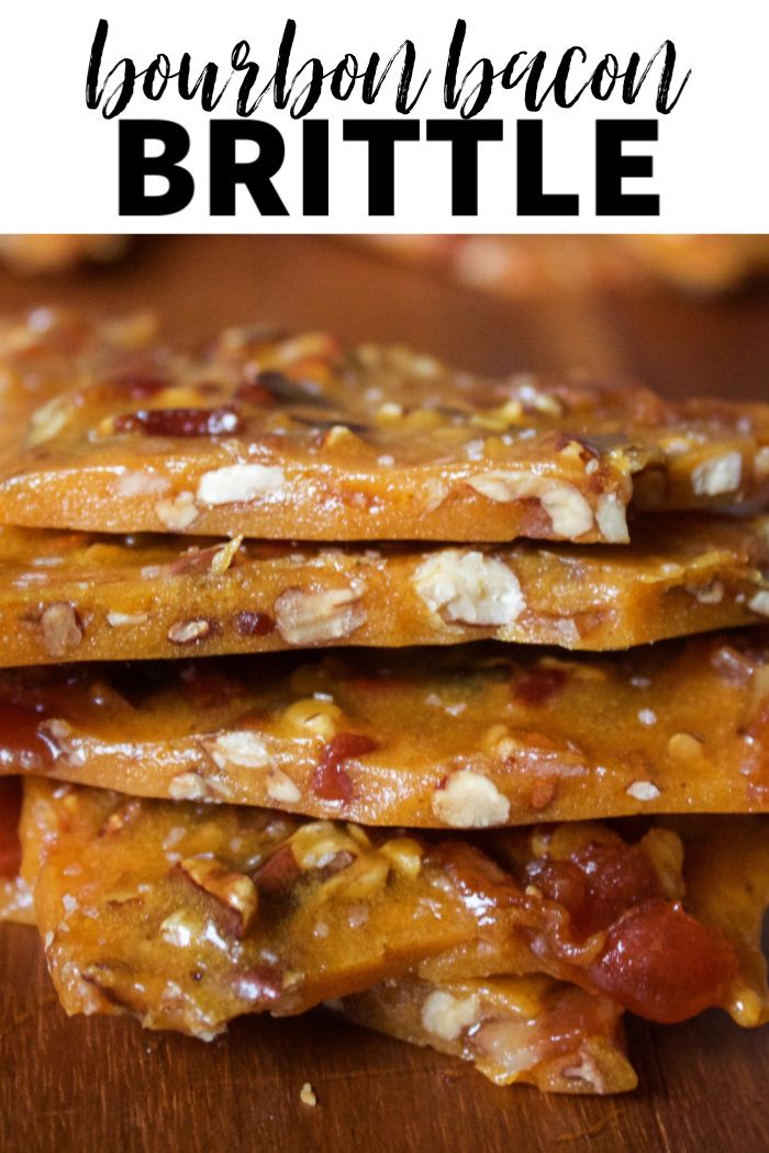 This bourbon bacon brittle is made with candied bacon, toasted pecans and bourbon. It’s the crunchiest, most delicious brittle you will ever have. #bourbon #bacon #brittle #peanutbrittle #dessert Bacon Dessert Recipes, Boozy Desserts, Candy Desserts, Bacon Recipes, Jam Recipes, Candy Recipes, Just Desserts, Sweet Recipes, Cooking Recipes