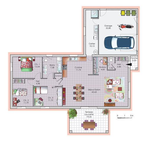 Plan habillé - maison - Vaste maison de plain-pied plan - plan de maison contemporaine de plain pied gratuit Plan habillé - maison - Vaste maison de plain-pied plan - plan de maison contemporaine de plain pied gratuit