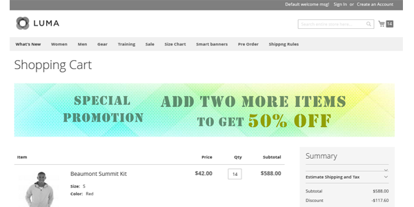 Banners winkelwagenpagina Magento 2 Extensie, Smart banners, banners op winkelwagenpagina