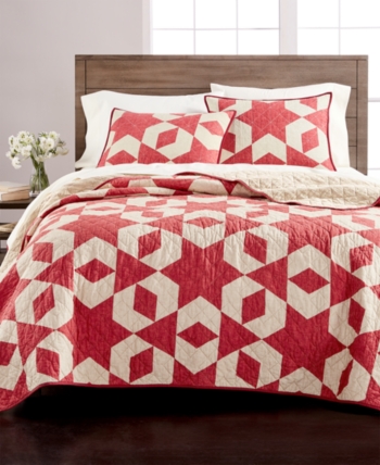 Martha Stewart Collection Embroidery Gramercy Gate Cotton Reversible King Quilt White Red
