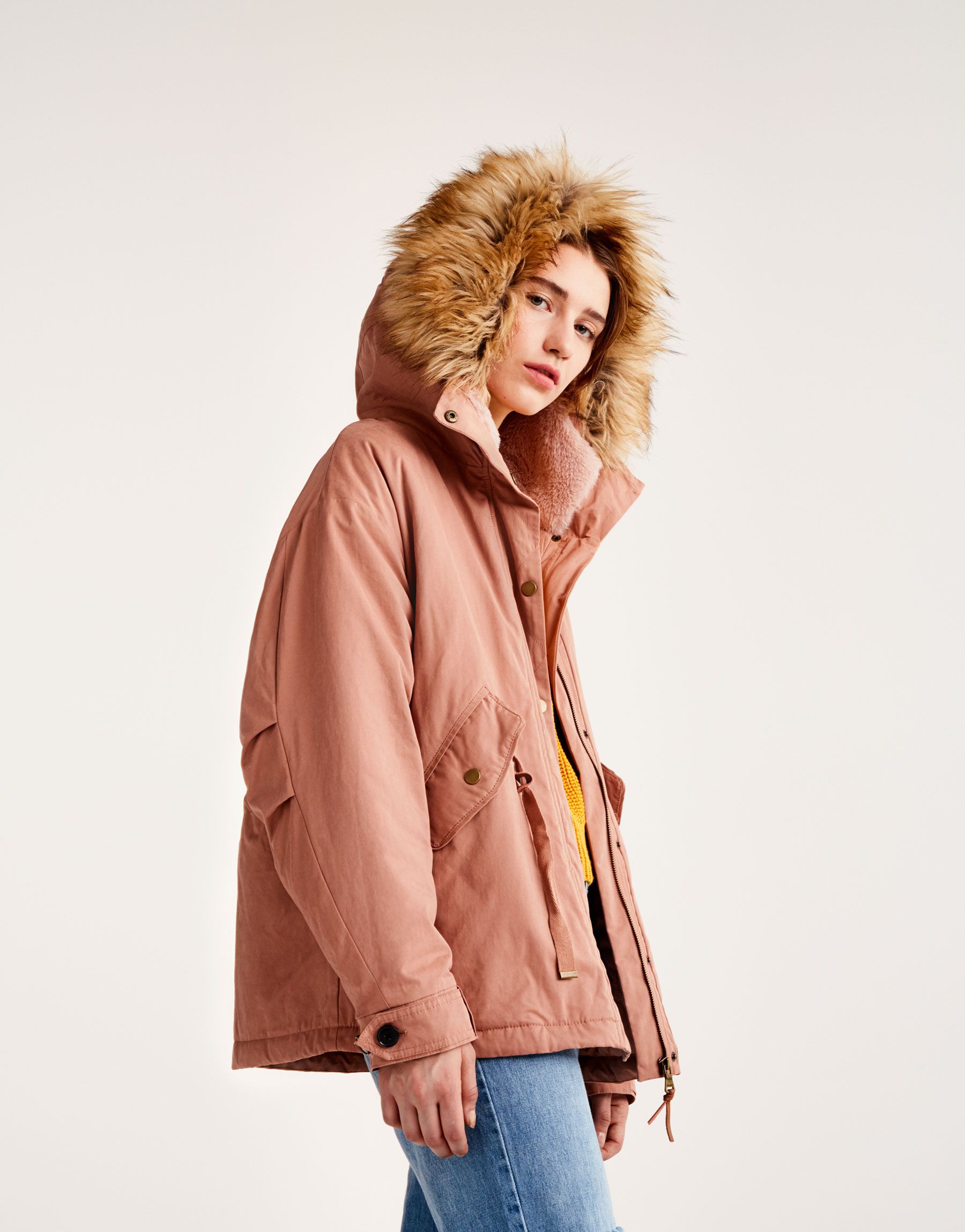 Pull Bear Woman New Short Parka With Removable Faux Fur Hood Pink 09715308 I2017 Fur Hood Parka Jacket Outfits Short Parka