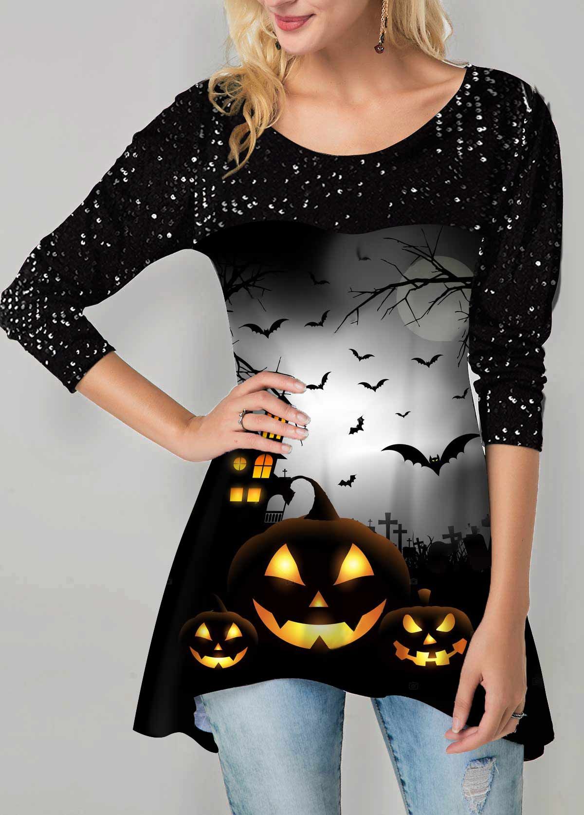 Halloween Print Asymmetric Hem Sequin Embellished T Shirt