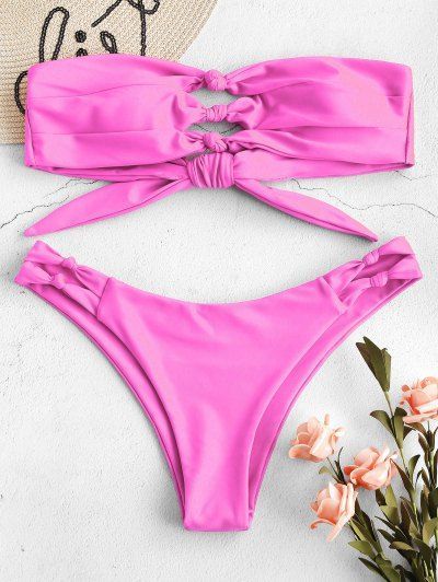 Get 23% Off ZAFUL Knots Cut Out Bikini Set - Hot Pink S