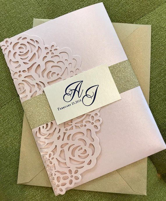 Blush Gold Glitter Lasercut invitation Pocket fold laser cut | Etsy - laser cut, wedding invitations, paper Pocketfold Invitations, Laser Cut Invitation, Diy Invitations, Invitation Set, Floral Invitation, Invitation Templates, Simple Elegant Wedding, Ideal Wedding, Diy Wedding