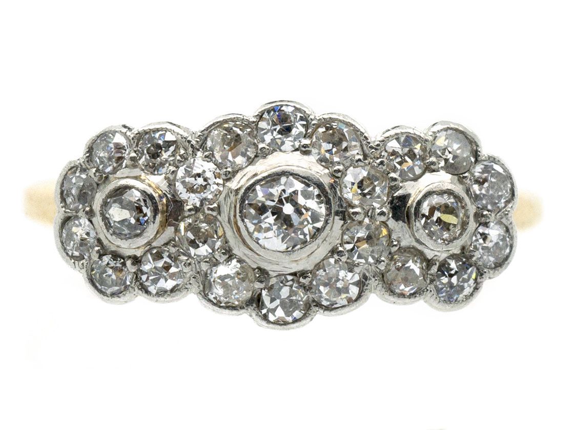 Edwardian 18ct Gold, Platinum &amp; Diamond Triple Cluster