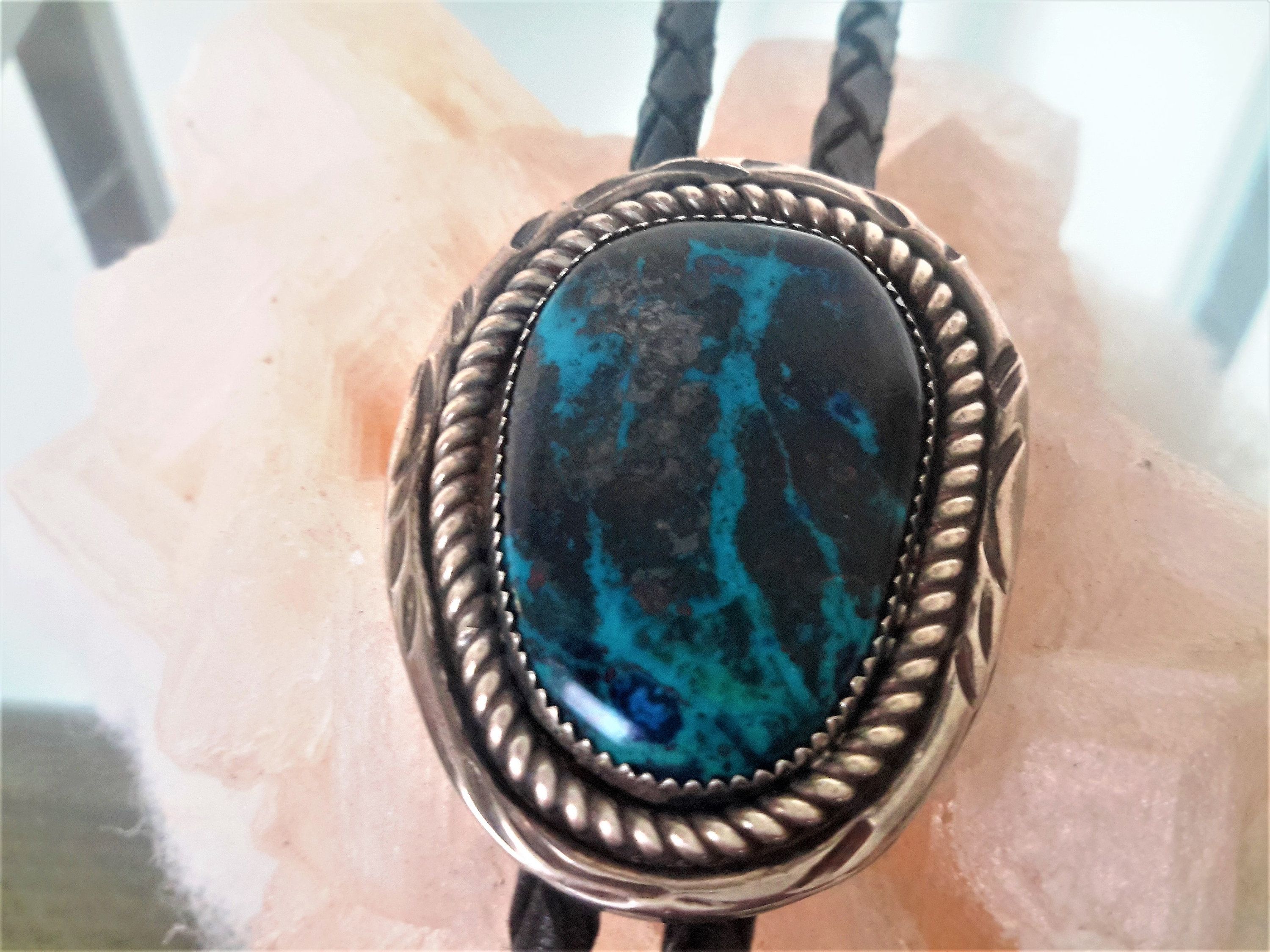 18 inch hang Mens Western Bolo Tie Turquoise Eagle with Black Leatherette