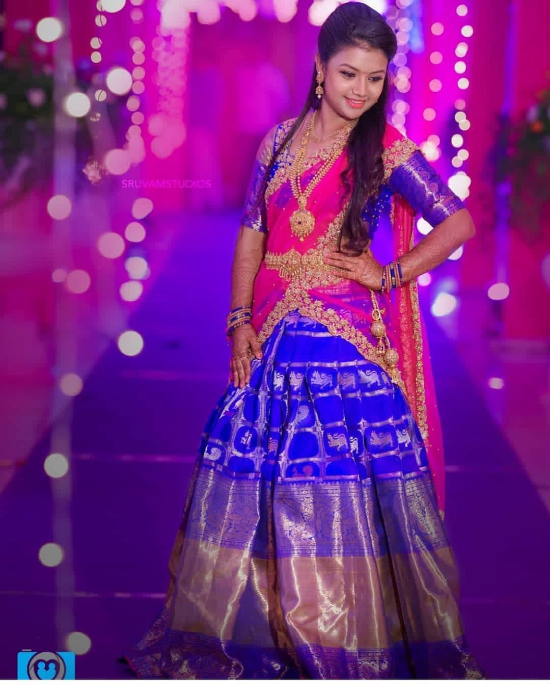 Ten Of The Best Half Sarees To Flaunt This Wedding Season Pink Half Sarees Half Saree Designs Half Saree