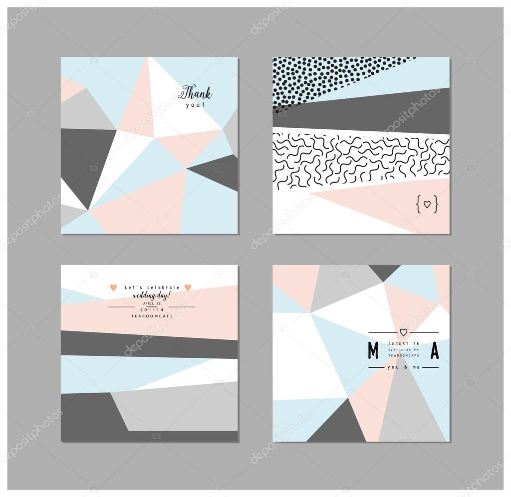 Set of creative universal cards with geometric shapes and gentle colors. Wedding, anniversary, birthday, Valentin's day, party invitations. Vector. Isolated. Geometric Shapes, Wedding Anniversary, Party Invitations, Gentle, Birthday, Creative, Illustration, Colors, Cards