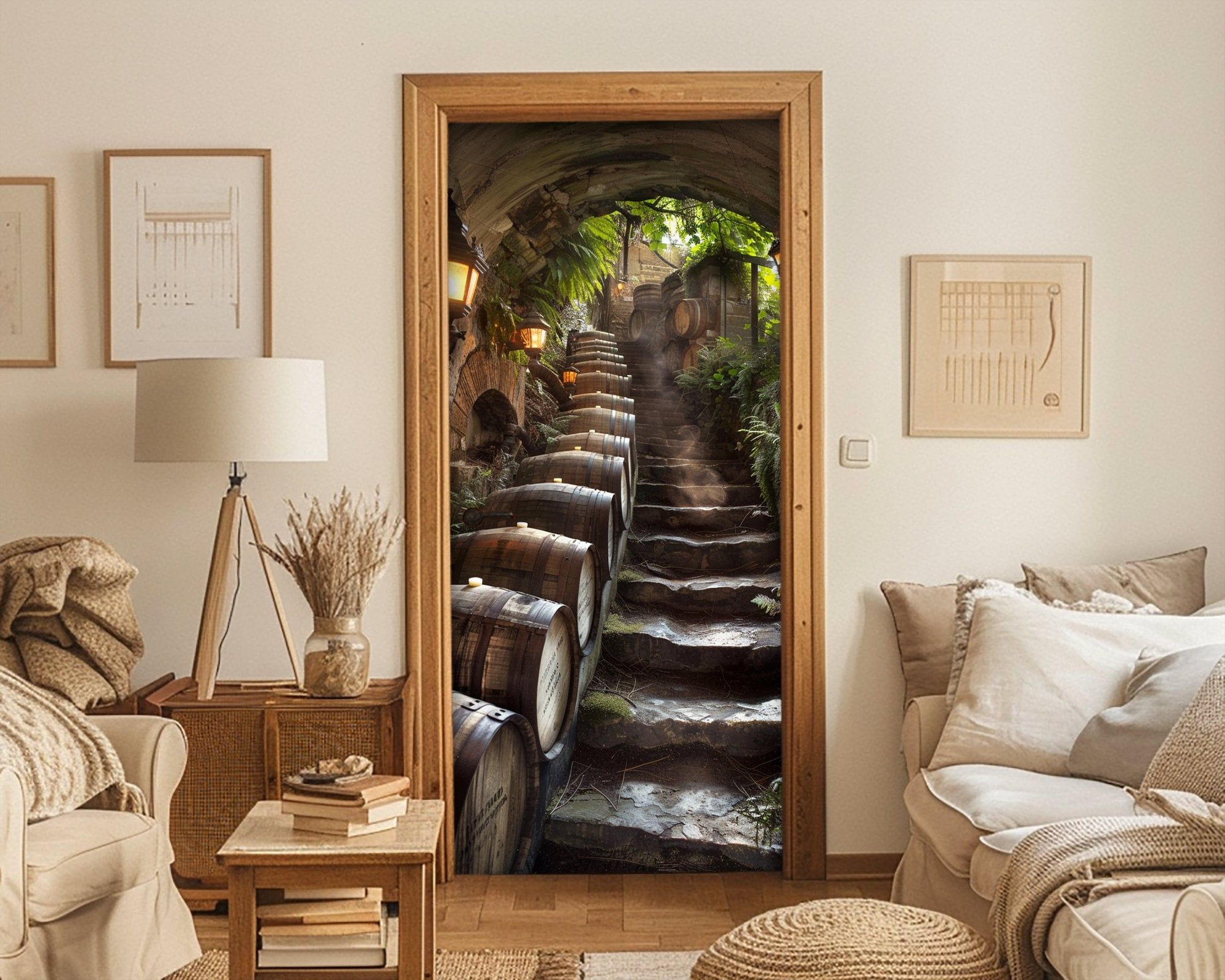 3D Tür Aufkleber für Haus, Weinfässer im Keller, realistische Holzfässer im Keller, realistischer Holzfass Dekor, Türabdeckung