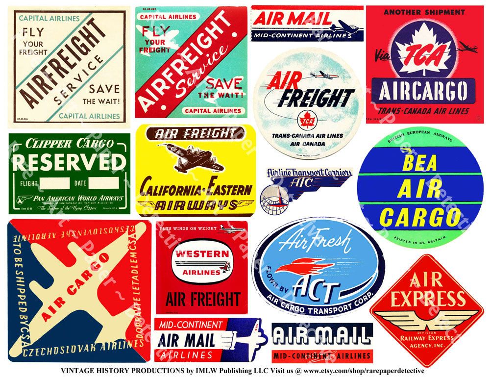 Airline Freight Labels, Digital Sheet, Aviation Clip Art, Air Cargo, Air Mail Labels, Vintage ...