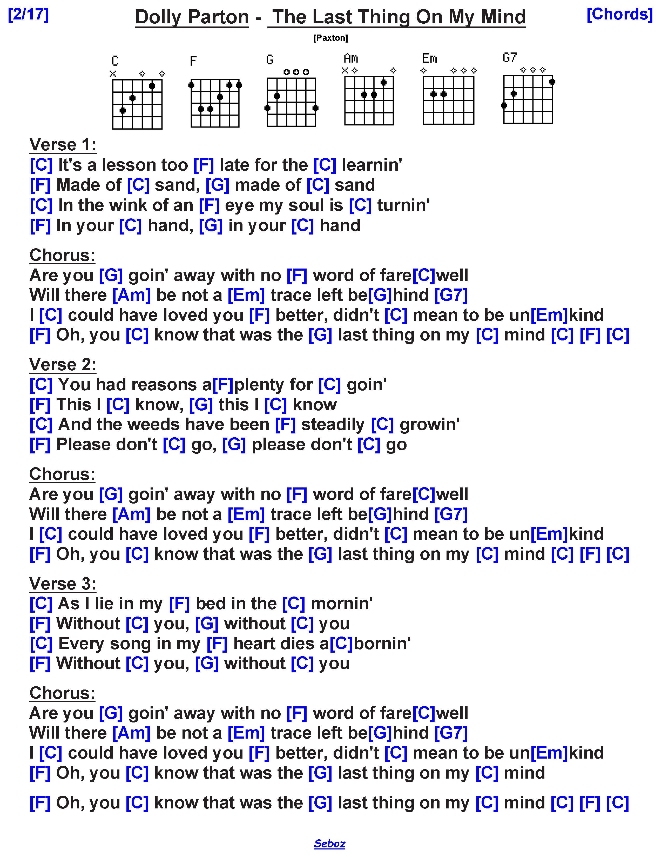 Dolly Parton The Last Thing On My Mind Lyrics and chords