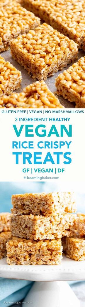 3 Ingredient Healthy Vegan Rice Crispy Treats (V, GF): a chewy homemade vegan rice krispy treats recipe, made with whole, gluten-free, protein-rich ingredients. #RiceCrispyTreats #ProteinPacked #Vegan #GlutenFree #CleanEating #Snacks #HealthySnacks | Recipe at BeamingBaker.com #crispytreats