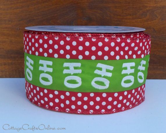 ho ho ho polka dot glittered christmas wired ribbon 2 12 wide white polka dots on red with a lime green center stripe - Christmas Wired Ribbon ho ho ho polka dot glittered christmas wired ribbon 2 12 wide white polka dots on red with a lime green center stripe - Christmas Wired Ribbon