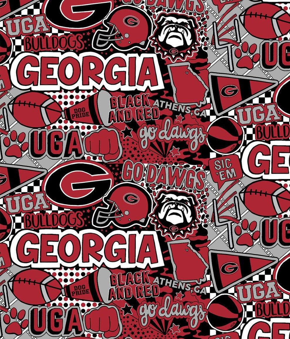 "YOU ARE PURCHASING THIS OFFICIALLY LICENSED NCAA FABRIC By the Fat Quarter = 18\" X 21\" OR By the 1/2 YARD = 18\" X 42\" OR By the Full Yard = 36\" X 42\" Smoke-free and Pet-free environment FQ come cut as Fat Quarters, 1/2 yards and full yards come in a continuous uncut piece of fabric. WE DON'T CUT UNTIL YOU BUY IF YOU HAVE QUESTIONS PLEASE ASK THEM BEFORE PURCHASING! SHIPPING - WE SHIP MONDAY THROUGH SATURDAY EXCLUDING ANY USA FEDERAL HOLIDAYS. MOST ITEMS PURCHASED AND PAID FOR BY 11:00 AM Uga Bulldogs, Georgia Bulldogs Football, Georgia Dawgs, Uga Football, Georgia Girls, College Football, Graffiti Designs, Graffiti Prints, Cotton Quilting Fabric