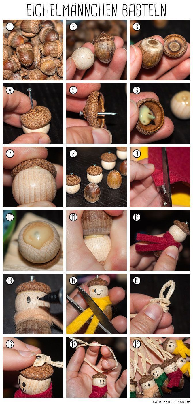 Eichelmännchen: Sehen die nicht toll aus?! Alles was man braucht ist eine Eichel, eine Holzkugel, dünner schwarzer Stift und ein Stück Stoff. Autumn Crafts, Nature Crafts, Holiday Crafts, Diy Autumn, Acorn Crafts, Pine Cone Crafts, Fabric Crafts Diy, Diy And Crafts, Diy For Kids