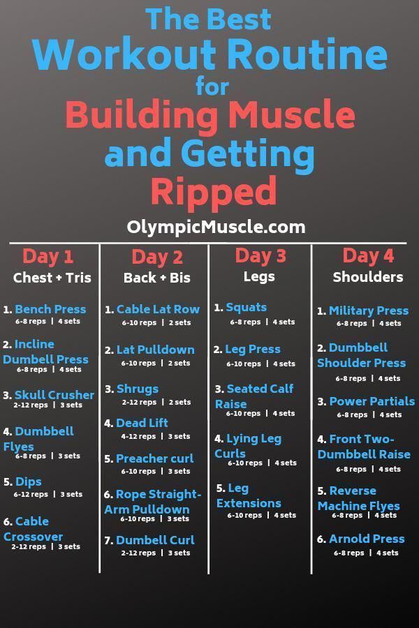 Follow this 4 day workout split for optimal muscle building. Click for more info! #fitness #workoutm...