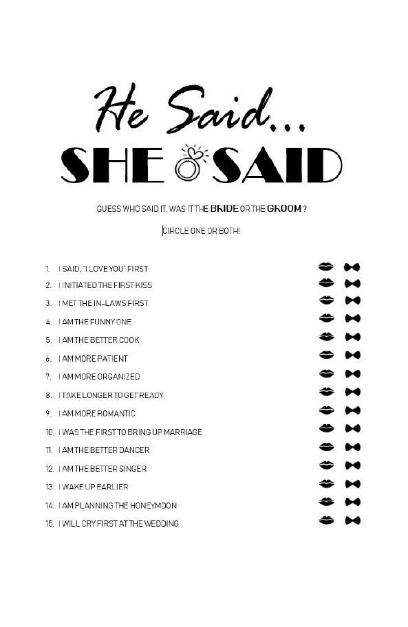 Use this He SaidShe Saidtemplate as an easy and fun game during Bridal ShowersAsk the engaged couple to choose their answersthen quiz your guests to see who knows the couple best Engagement Party Games, Wedding Party Games, Wedding Games For Guests, Bridal Bachelorette Party, Cute Wedding Ideas, Engagement Couple, Fun Wedding Activities, Couple Shower Games, Romantic Ideas