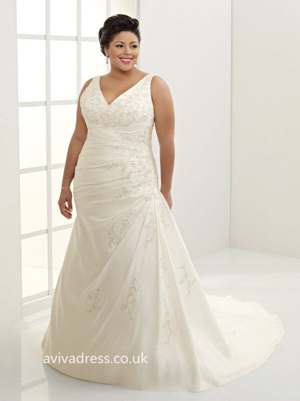 A-line V-neck Sleeveless Satin Ivory Simple Plus Size Wedding Dress wi