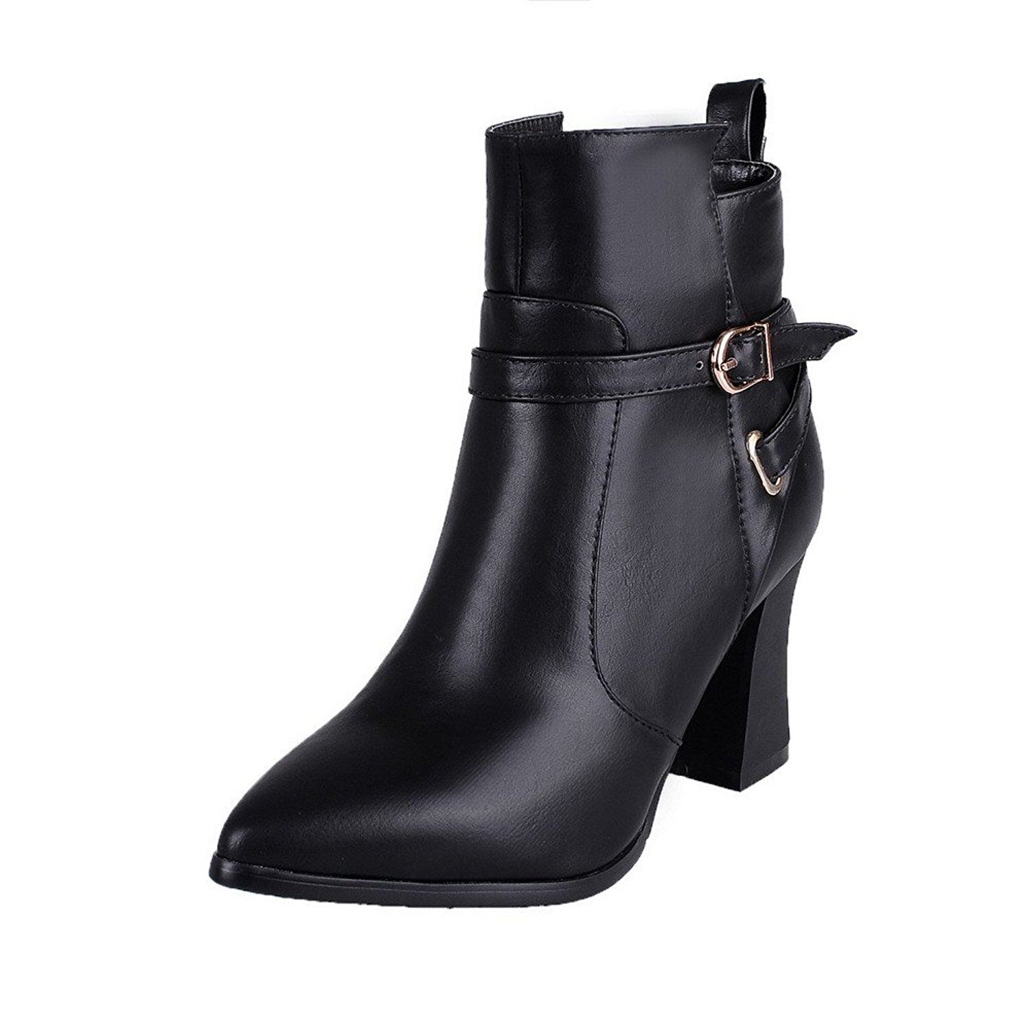AmoonyFashion Womens Low Top Zipper Soft Material High Heels Pointed Closed Toe Boots