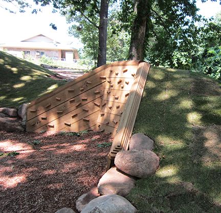 Climbing wall on slope/retaining wall. From Natural Playgrounds Store. Outdoor Play Spaces, Kids Outdoor Play, Outdoor Learning, Backyard For Kids, Gardening For Kids, Outdoor Fun, Natural Play Spaces, Sloped Backyard, Playground Design