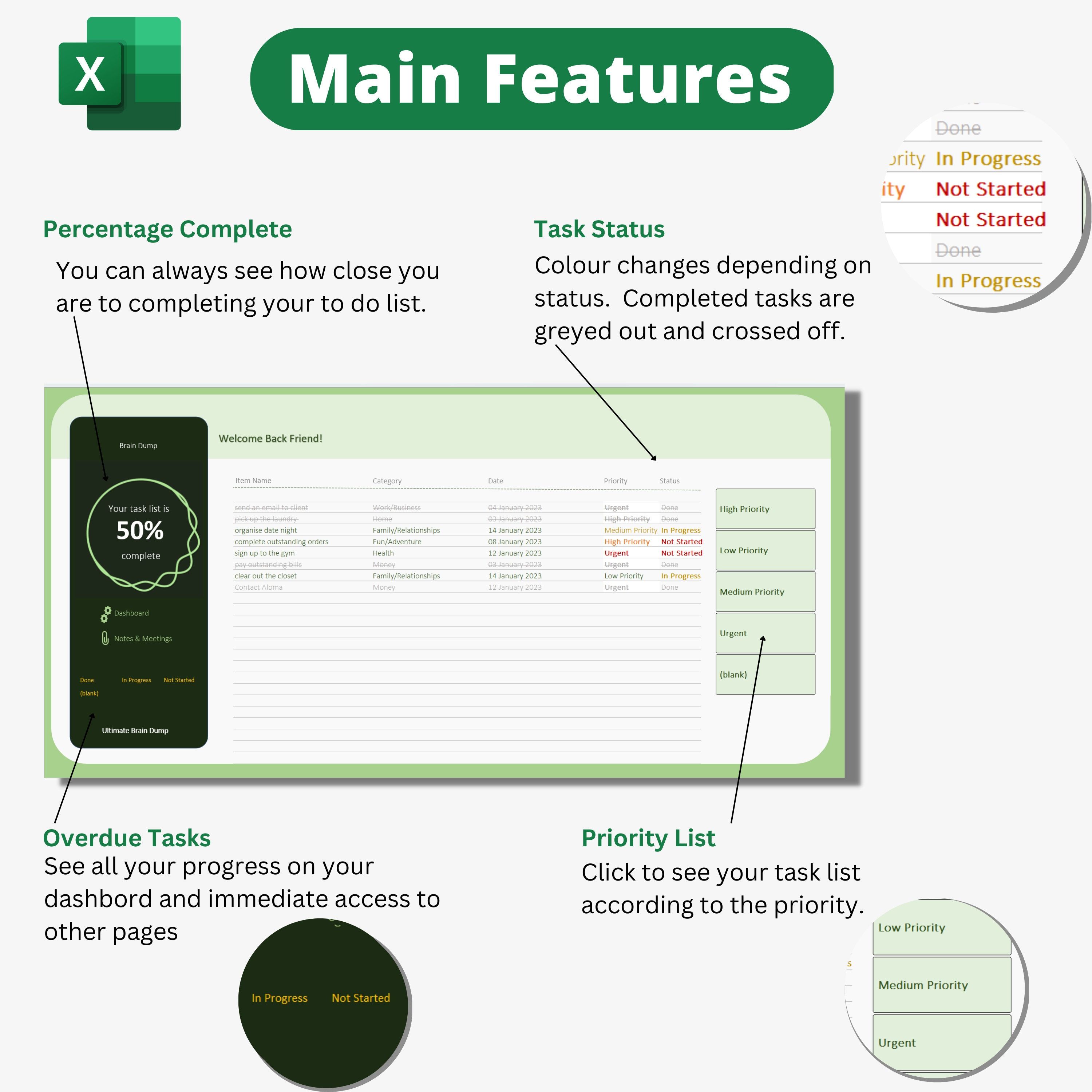 Brain Dump Excel Spreadsheet, adhd to do Liste, excel Dashboard, digitaler Planer 2023, Aufgaben Excel Kalender, adhd digital planner