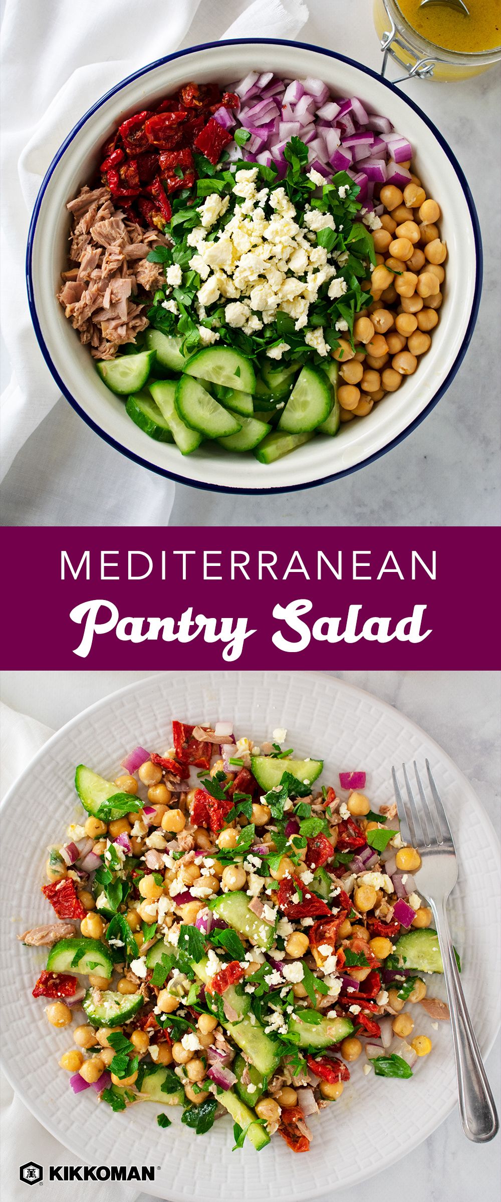 Mediterranean Pantry Salad | This affordable dish is perfect as a side for any dinner or lunch, pairs well with grilled meats, or it packs up easily for a picnic! Budget-friendly, it uses ingredients you already have in the fridge or pantry. Combine canned tuna, chickpeas, sun-dried tomatoes, and cucumber and toss with a simple dressing with Kikkoman® Rice Vinegar and Dijon mustard. Protein-packed and healthy, it’s keto-friendly, too! Visit KikkomanUSA.com for more salad ideas! #Kikkoman Healthy Meal Prep, Healthy Salads, Delicious Salads, Healthy Lunch, Healthy Cooking, Healthy Eating, Cooking Recipes, Healthy Food, Mediterranean Diet Recipes Dinners
