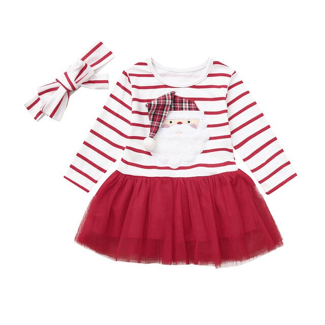 Xiarookp Dresses for Toddler Baby Girl Christmas Dress Cotton Long Sleeve Santa Prints Xmas Princess Tutu Dress+Headband