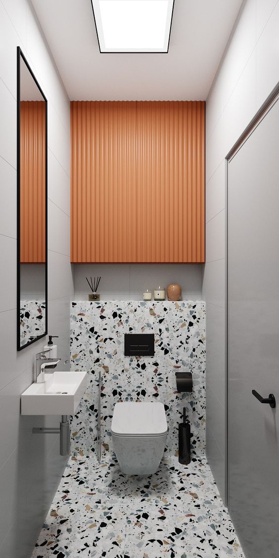 Um cômodo pequeno também precisa de uma decoração. Por isso, trouxemos 30 exemplos de que é possível ter um banheiro pequeno decorado. Small Toilet Design, Bathroom Design Small, Bathroom Layout, Bathroom Style, Toilet Tiles Design, Bathroom Ideas, Bathroom Interior Design Modern Colour, White Bathroom, Luxury Toilet Design Modern